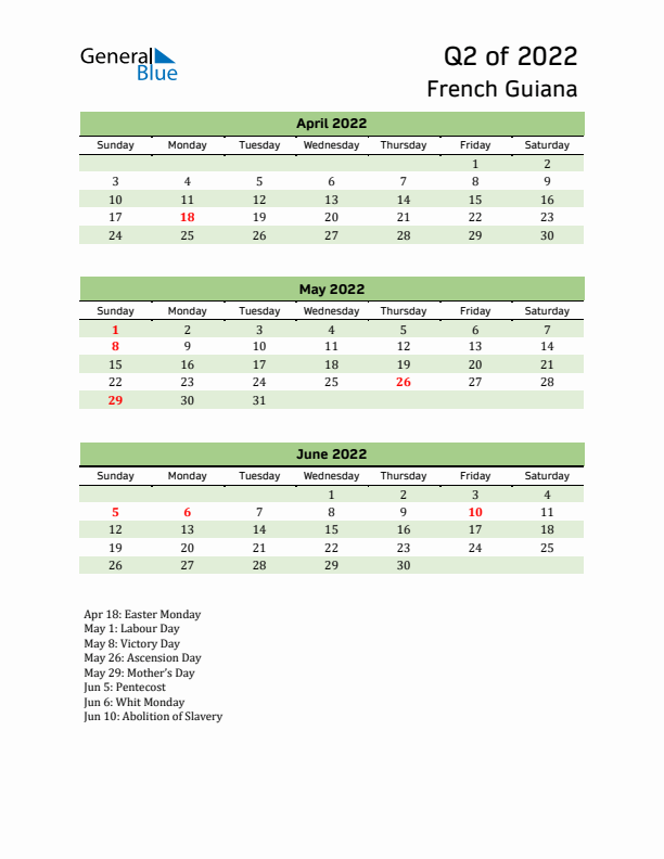 Quarterly Calendar 2022 with French Guiana Holidays