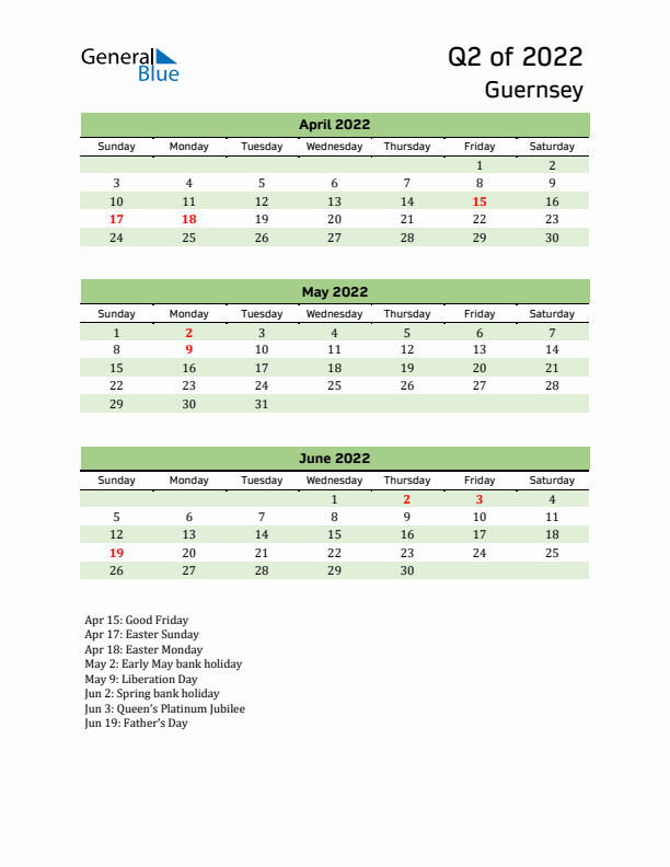 Quarterly Calendar 2022 with Guernsey Holidays