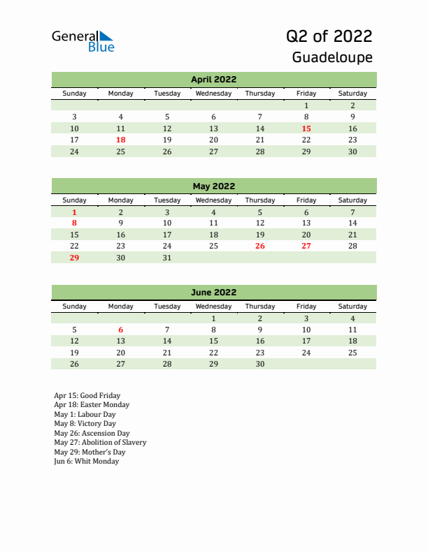 Quarterly Calendar 2022 with Guadeloupe Holidays