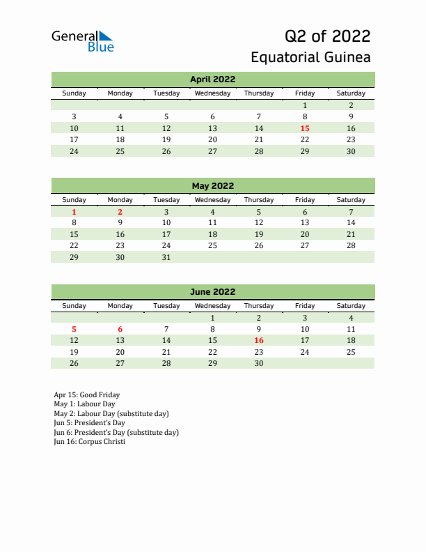 Quarterly Calendar 2022 with Equatorial Guinea Holidays