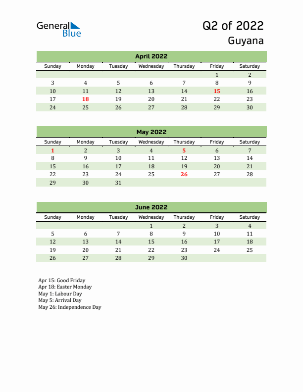 Quarterly Calendar 2022 with Guyana Holidays