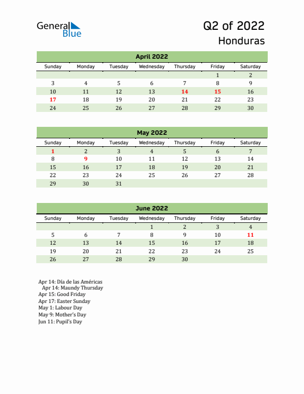 Quarterly Calendar 2022 with Honduras Holidays