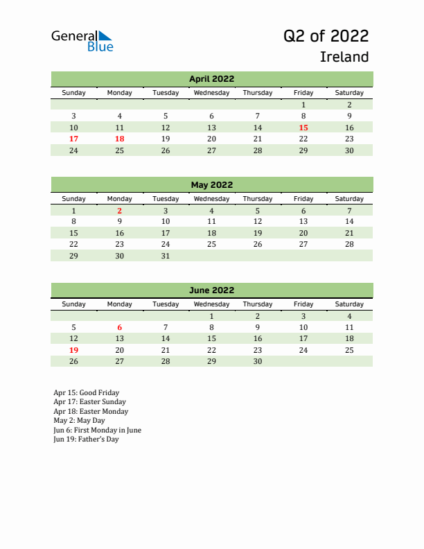 Quarterly Calendar 2022 with Ireland Holidays