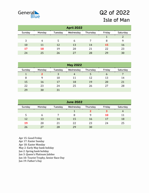 Quarterly Calendar 2022 with Isle of Man Holidays