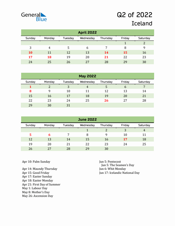 Quarterly Calendar 2022 with Iceland Holidays