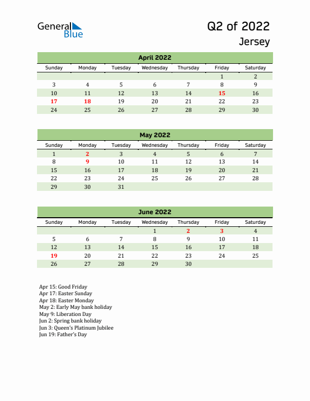 Quarterly Calendar 2022 with Jersey Holidays