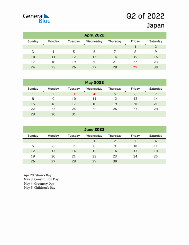 Quarterly Calendar 2022 with Japan Holidays