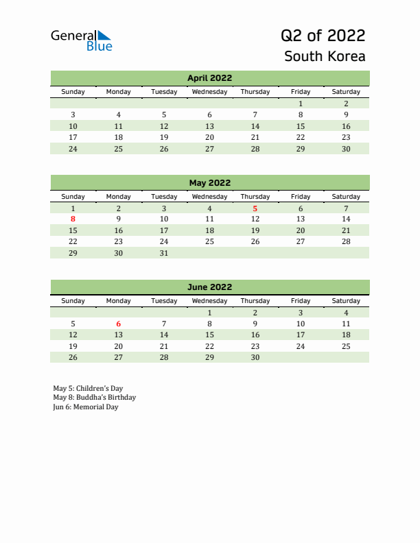 Quarterly Calendar 2022 with South Korea Holidays