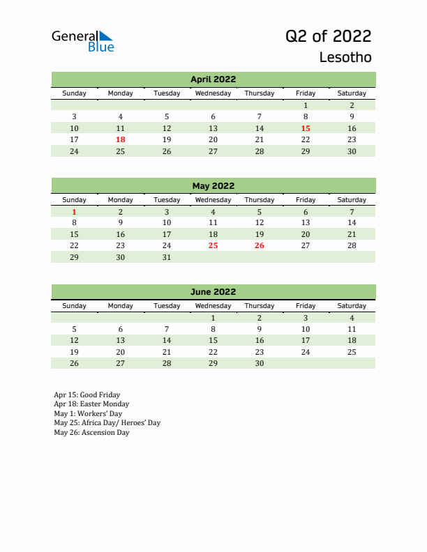 Quarterly Calendar 2022 with Lesotho Holidays