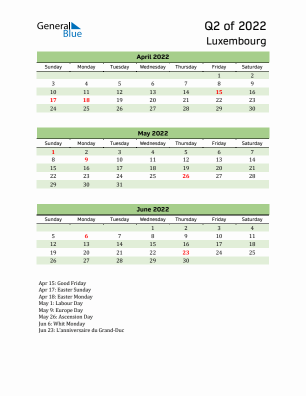 Quarterly Calendar 2022 with Luxembourg Holidays