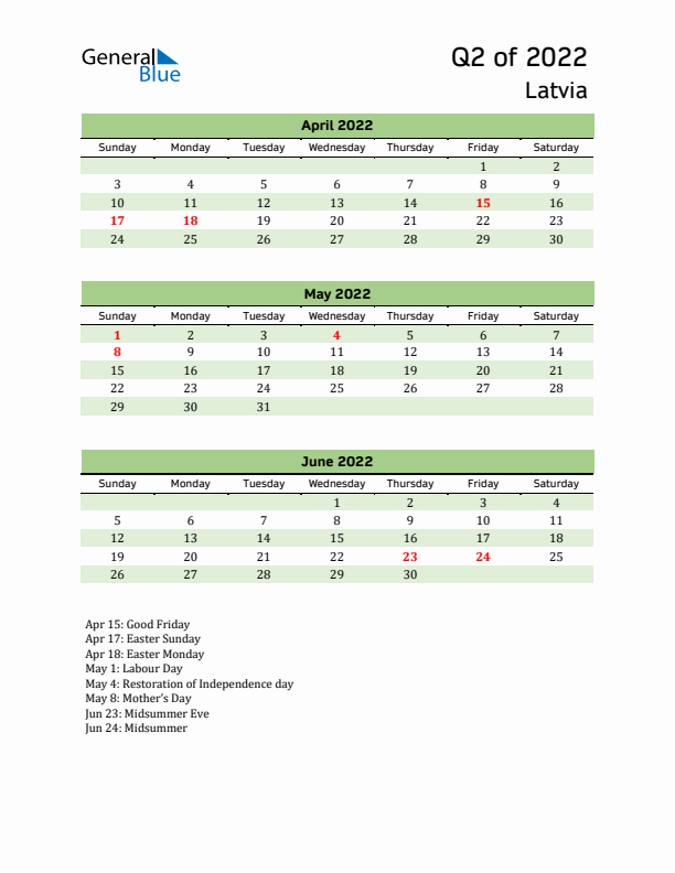 Quarterly Calendar 2022 with Latvia Holidays