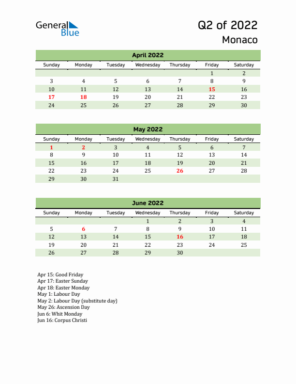 Quarterly Calendar 2022 with Monaco Holidays