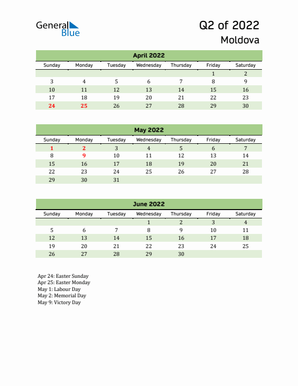 Quarterly Calendar 2022 with Moldova Holidays