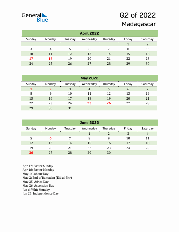 Quarterly Calendar 2022 with Madagascar Holidays