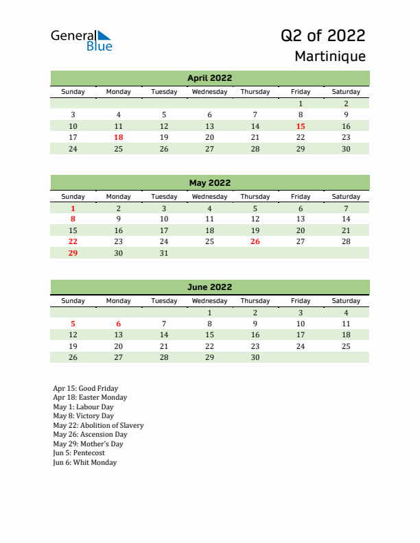 Quarterly Calendar 2022 with Martinique Holidays