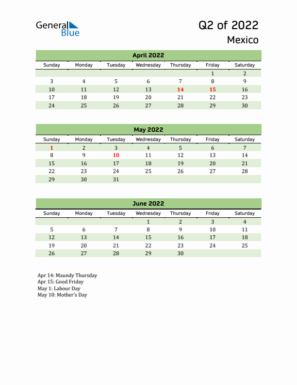 Quarterly Calendar 2022 with Mexico Holidays