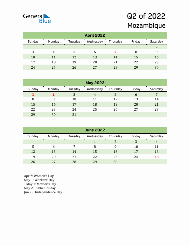 Quarterly Calendar 2022 with Mozambique Holidays