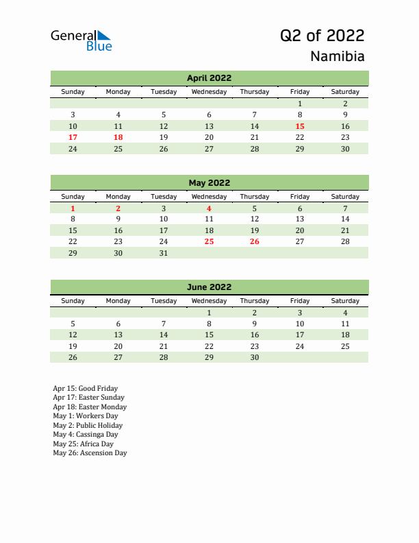 Quarterly Calendar 2022 with Namibia Holidays