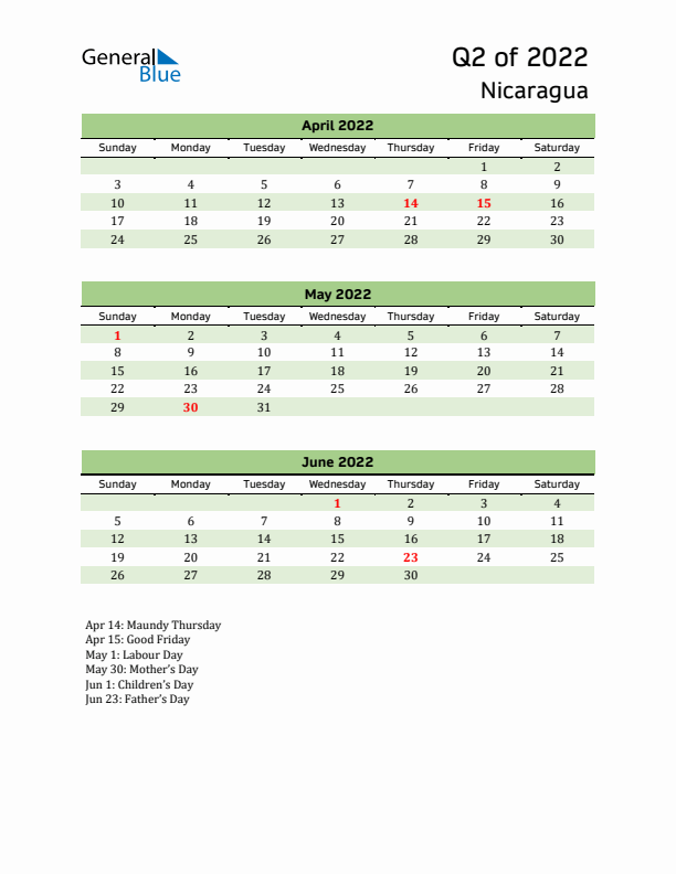 Quarterly Calendar 2022 with Nicaragua Holidays