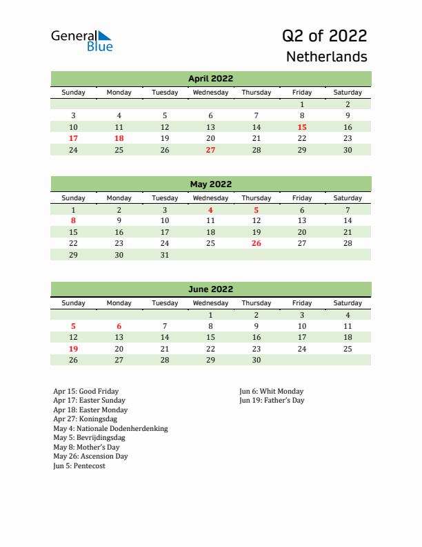 Quarterly Calendar 2022 with The Netherlands Holidays