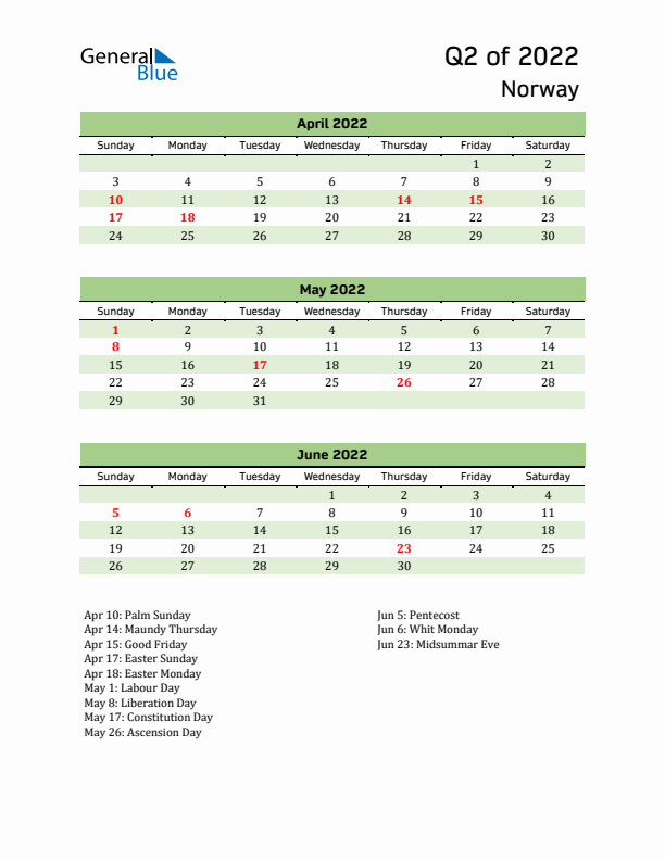 Quarterly Calendar 2022 with Norway Holidays