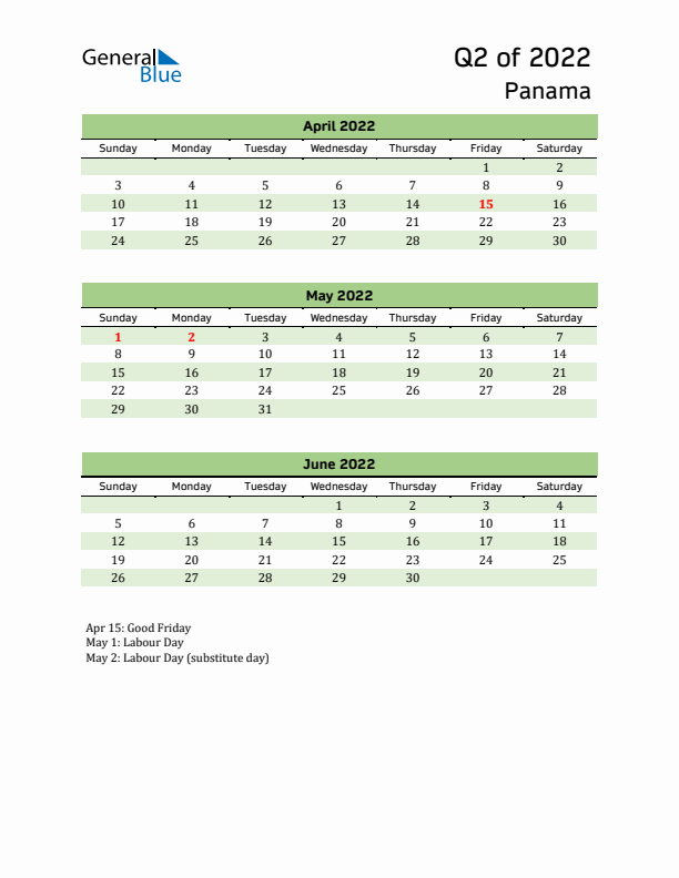 Quarterly Calendar 2022 with Panama Holidays