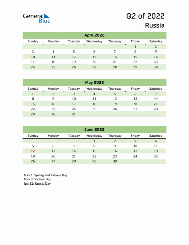 Quarterly Calendar 2022 with Russia Holidays