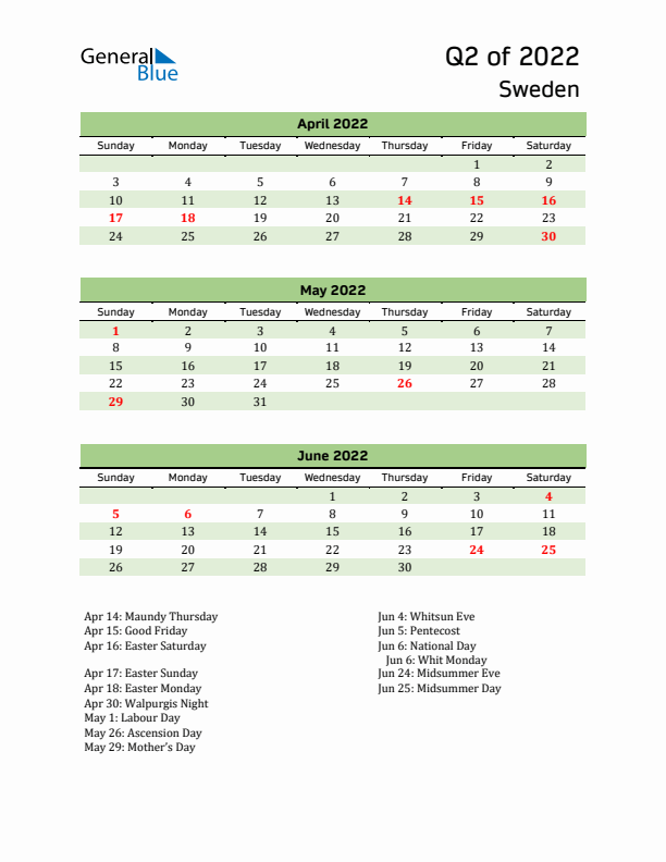 Quarterly Calendar 2022 with Sweden Holidays