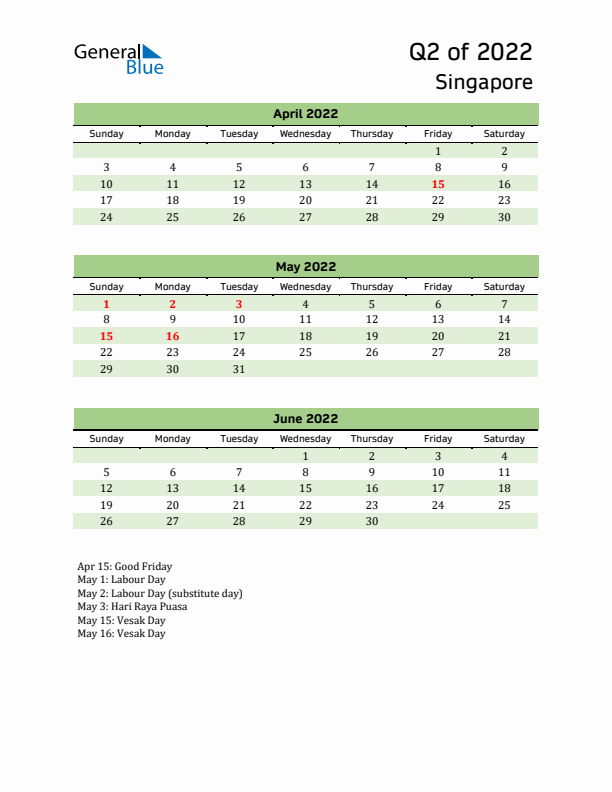 Quarterly Calendar 2022 with Singapore Holidays