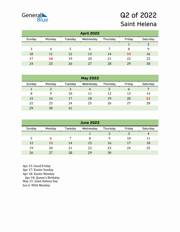 Quarterly Calendar 2022 with Saint Helena Holidays