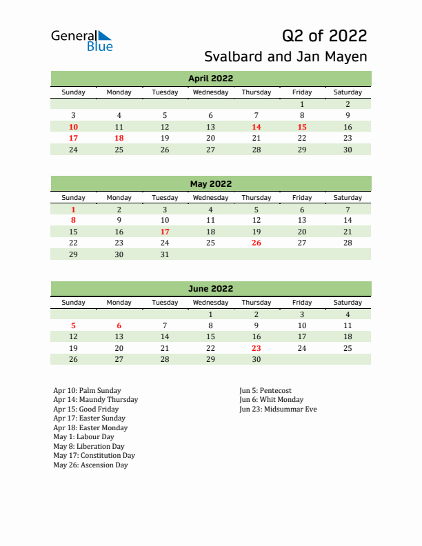 Quarterly Calendar 2022 with Svalbard and Jan Mayen Holidays