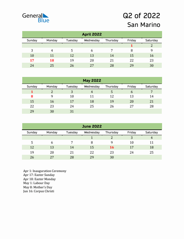 Quarterly Calendar 2022 with San Marino Holidays