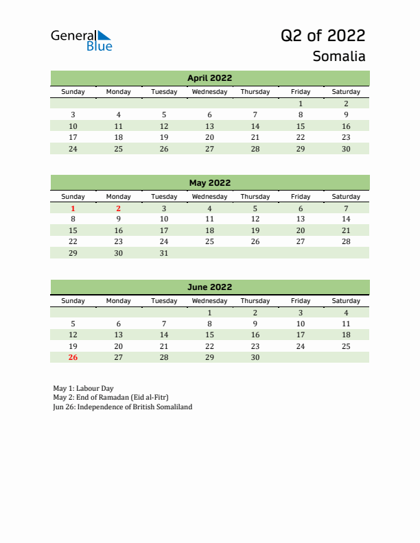 Quarterly Calendar 2022 with Somalia Holidays