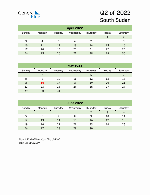 Quarterly Calendar 2022 with South Sudan Holidays