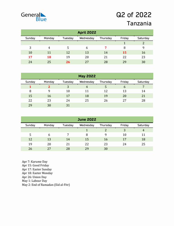 Quarterly Calendar 2022 with Tanzania Holidays