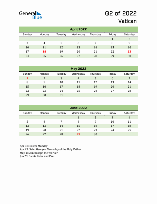 Quarterly Calendar 2022 with Vatican Holidays