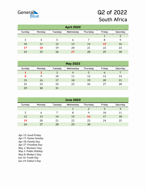 Quarterly Calendar 2022 with South Africa Holidays