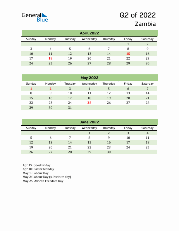 Quarterly Calendar 2022 with Zambia Holidays