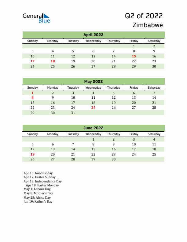 Quarterly Calendar 2022 with Zimbabwe Holidays