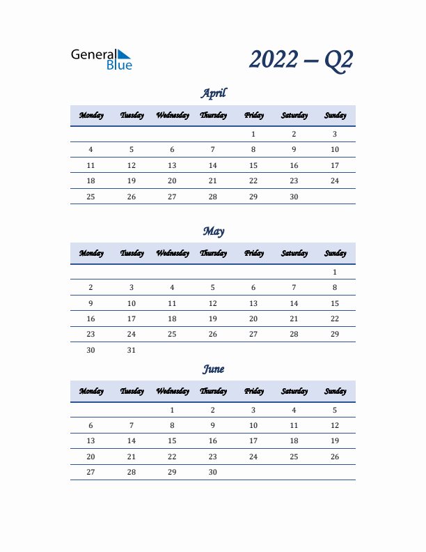 Monday Start 2022 Quarterly Calendar