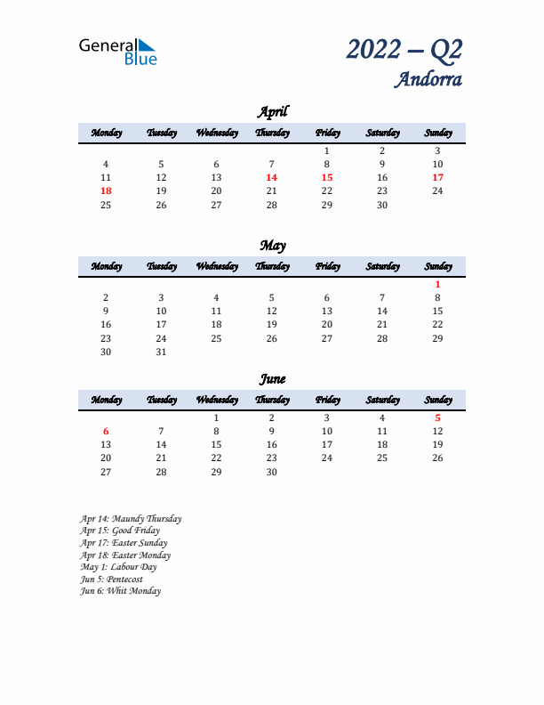 April, May, and June Calendar for Andorra with Monday Start