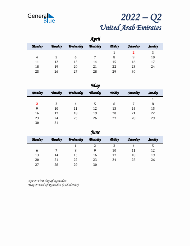 April, May, and June Calendar for United Arab Emirates with Monday Start