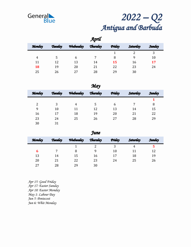 April, May, and June Calendar for Antigua and Barbuda with Monday Start