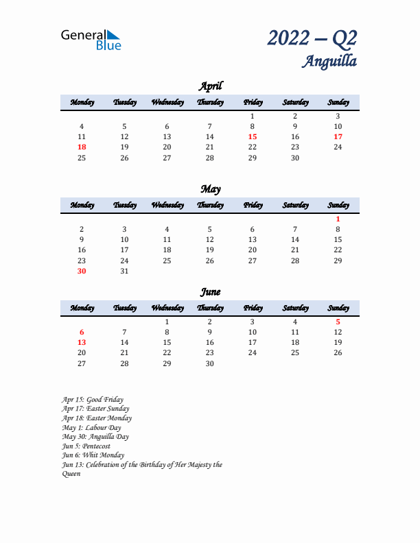 April, May, and June Calendar for Anguilla with Monday Start