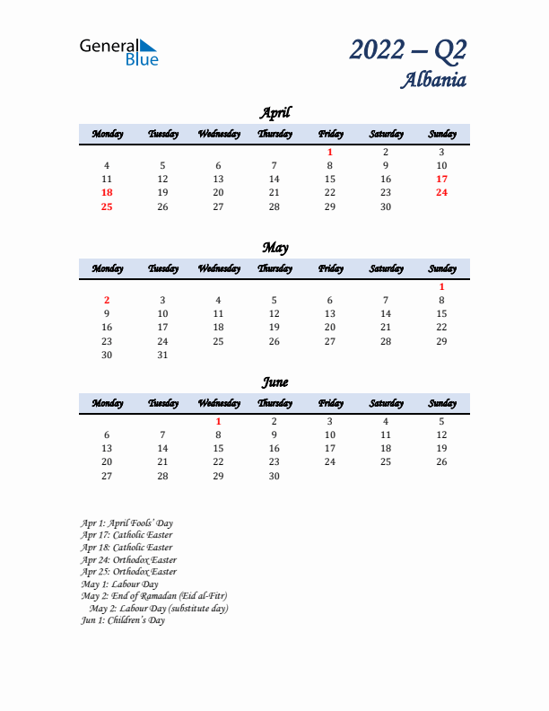 April, May, and June Calendar for Albania with Monday Start