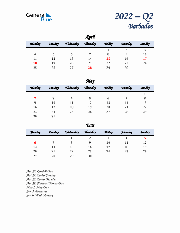 April, May, and June Calendar for Barbados with Monday Start