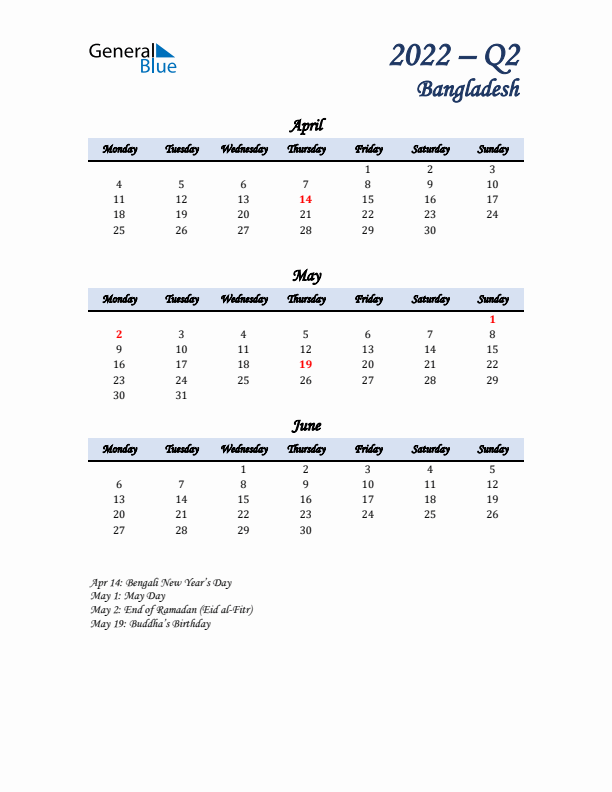 April, May, and June Calendar for Bangladesh with Monday Start