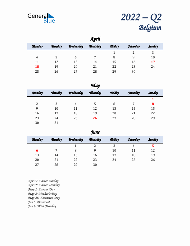 April, May, and June Calendar for Belgium with Monday Start