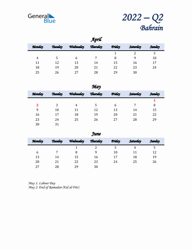 April, May, and June Calendar for Bahrain with Monday Start