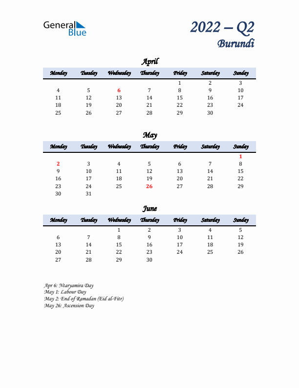 April, May, and June Calendar for Burundi with Monday Start